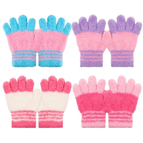 Meng Jiaran 4 Pairs Kids Knit Gloves for Boys and Girls, Soft Full Fingers Stretchy Gloves Winter Knit Glove for Kids Children Age 4-7