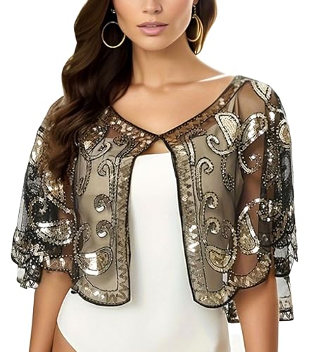 Sequin Shawl Cape for Women Formal,Black, Mesh Evening Wrap,1920s Art Lace Deco Beaded Capelet, Formal Cover Up2