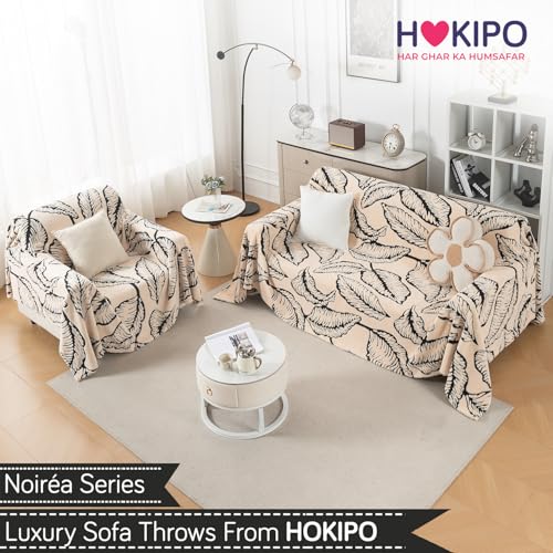 Image of HOKIPO Plush Sherpa Sofa Cover for 1 Seater Sofa | Thick Cozy Washable Sofa Throw | Full Protection Sofa Cover, 'Noirea Series' Botanical Leaf (180x180 cm) (AR-6651-D1)