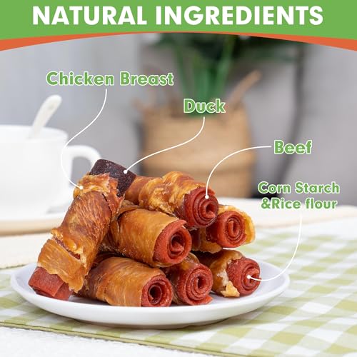 MON2SUN Rawhide Free Dog Treats, 3 Inch Triple Flavor Chicken Wrapped Duck and Beef Rolls for Small Dogs, Healthy Snacks, 21.16oz - Thumbnail 2