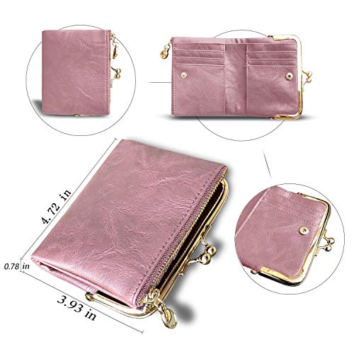 Image of AOXONEL Womens Wallet Small Rfid Ladies Compact Bifold Leather Vintage Coin Purse With Zipper and Kiss Lock, Pink, Small, Vintage