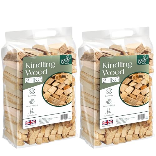 Pelle & Sol Kindling Wood 2 Pack x 2.4 Kg (4.8 Kg Total) Kiln-Dried Fire Wood Smokeless Fire Logs Long-Burning Heat Logs for Wood Burner BBQ & Pizza Oven