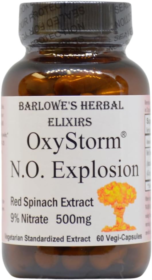Barlowe's Herbal Elixirs OXYSTORM® N.O. Explosion | Red Spinach Extract 9% | Natural Nitric Oxide Booster | 500mg Per Capsule | 60 Vegan Capsules | No Oxalates, Stearate-Free, Glass Bottled