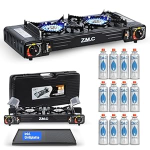 Z.M.C Premium Camping Gaskocher 2-flammig + Grillplatte + 12 Gaskartuschen 227g, Campingkocher mit Transportkoffer für Outdoor und Innenraum, Balkon Tisch Doppelgaskocher mit Piezozündung