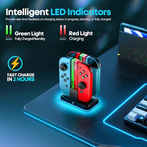 Image of Switch Joycon Charger for SW 1 Model with 9 RGB Light Modes, Switch Controller Charger Stand with LED Indicators, SW Charging Dock Station for 4 Joycon Charging