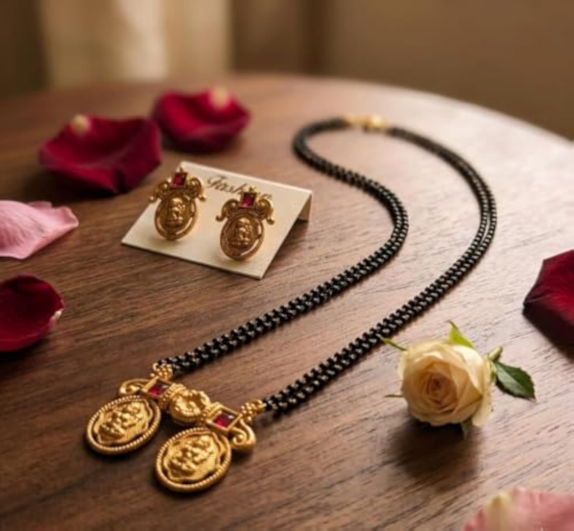 Gold Plated Matte Finish Mangalsutra with Black Beads