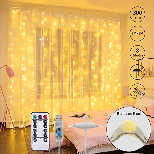 Cortina Luces, 3M×3M 300LED, Luces de Hadas Impermeable Blanco Cálido USB, 8 Modos de Luz, Decoración para Navidad, Bodas, Dormitorio