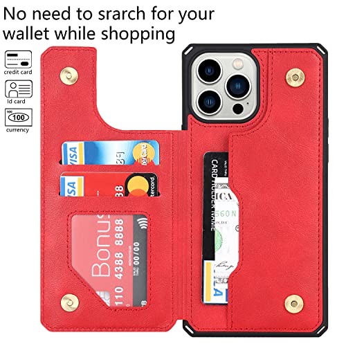 Image of Cavor for iPhone 14 Pro Case with Card Holder,for iPhone 14 Pro Wallet Case for Women Men,Phone Case for iPhone 14 pro with Stand Credit Card Holder, Leather Strap Shockproof Cover- Red
