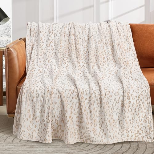 Cute Throw Blanket Soft Blanket Flannel All-Season Couch Cozy Travel Blankets and Throws, Warm Plush Blanket for Daughter Adults Students Teen (Beige Leopard, 50 * 60 Inch)