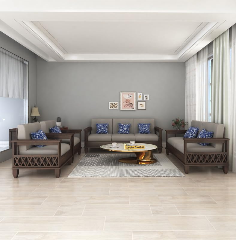 Image of STRATA FURNITURE Sheesham Wood 7 Seater Sofa Set for Living Room Hall Home Solid Wooden 3+2+1+1 Seater Sofa Set Furniture (Walnut Finish)