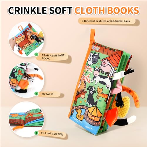 Image of Jollybaby Baby Cloth Books, Touch & Feel Crinkle Soft Books, for Infants Babies, Toddler Early Educational Interactive Stroller Toys, Baby Girl & Boy Gift(Farm Tails)