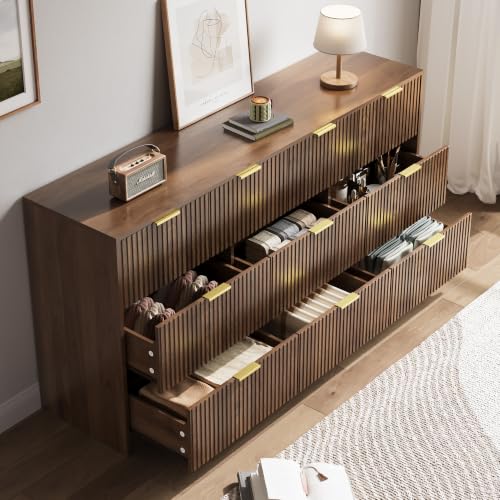 Image of MAISONARIA 63 inch Wide Fluted 10-Drawer Dresser for Bedroom, Walnut