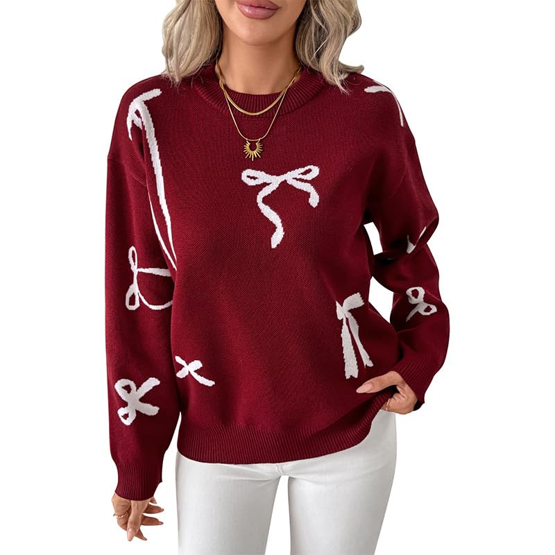 Apvirdy Womens Bow Sweaters Knitted Long Sleeve Crew Neck Vintage Y2k Sweater Ribbed Edge Christmas Outfits