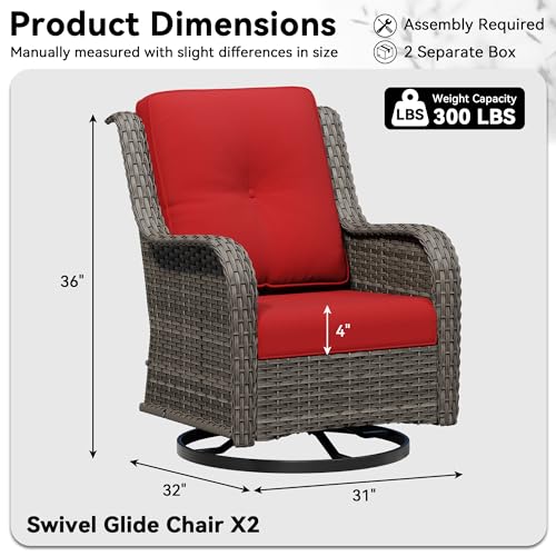 Image of Swivel Rocker Patio Chairs Set of 2 - Outdoor Wicker Patio Furniture Set 2 Pieces with Thickened Olefin Cushions, High Back and Deep Seating, Hand-Woven PE Rattan for Porch, Deck, Red