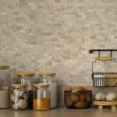 SUNWINGS 5-Sheet Peel and Stick Mosaic Natural 3D Stone Self Adhesive Travertine Tiles, 10.63" x 11.22" Stick on Backsplash for Kitchen Bathroom Fireplace Vanity, Beige