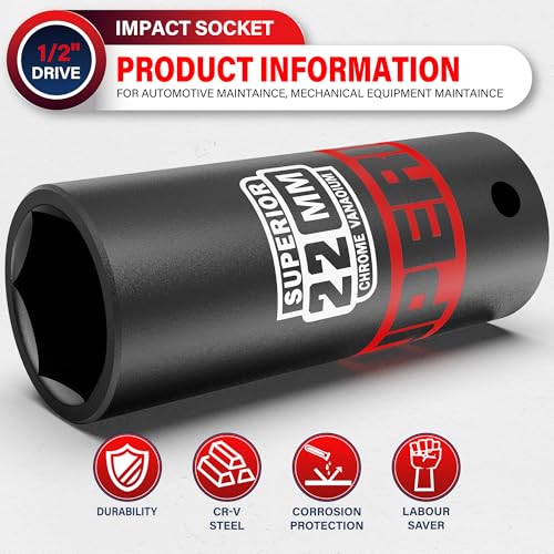 Image of 1 /2 inch Drive Impact Socket, 22 mm Deep Socket, Metric, 6 Point, CR-V, for Automotive Maintaince, Mechanical Equipment Maintaince