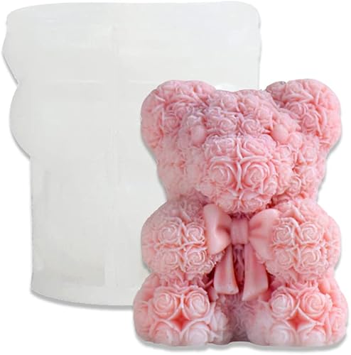 Cestony Oso de rosas 3D para el día de San Valentín, boda, con pajarita, moldes de silicona para hacer velas, resina, pilar, aromaterapia, velas de