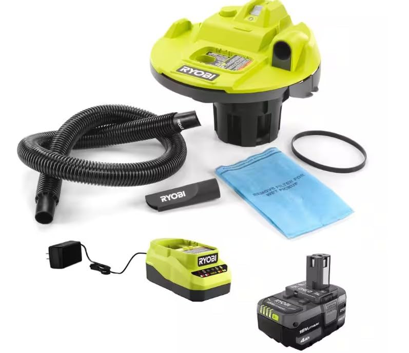 RYOBI ONE+ 18V Cordless 5 Gal. Wet/Dry Vacuum Kit with 1-1/4 in. Hose, Crevice Tool, 4.0 Ah Battery, and Charger