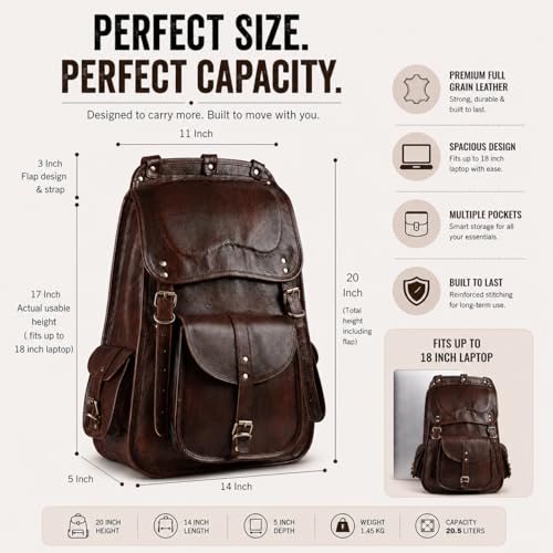 Image of Handmade World Full Grain Leather Backpack for Men - 18 Inch Laptop Bag, Handmade Real Leather, Business Travel Work Backpack