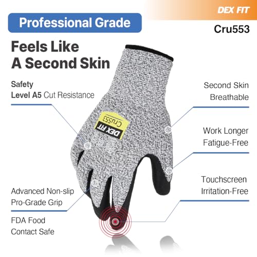 DEX FIT Level 5 Cut Resistant Gloves Cru553, 3D-Comfort Fit, Firm Grip, Thin & Lightweight, Touch-Screen Compatible, Durable, Breathable & Cool, Machine Washable; Grey L (9) 1 Pair