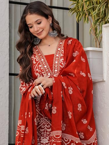 Image of Amayra Woman's Pure Cotton Straight Kurta Sets with Palazzos & Dupatta|Kurti Set for Woman|Suit Set for Women Cotton
