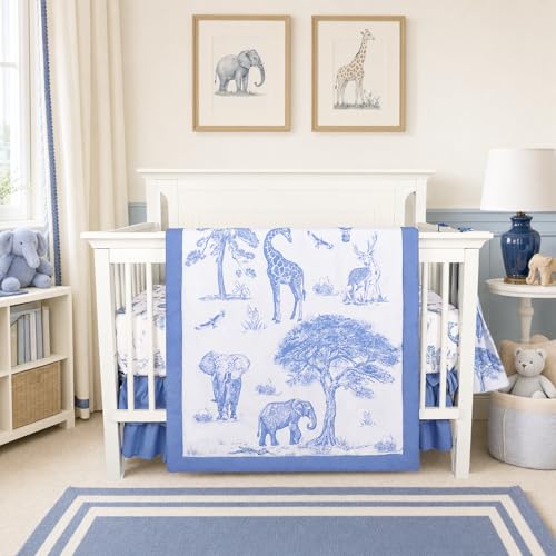 Image of TANOFAR 4-Piece Crib Bedding Set for Baby Boys, Blue Elephant Nursery Bedding Set Includes Comforter, Fitted Crib Sheet, Crib Skirt, and Diaper Stacker, Blue Elephant