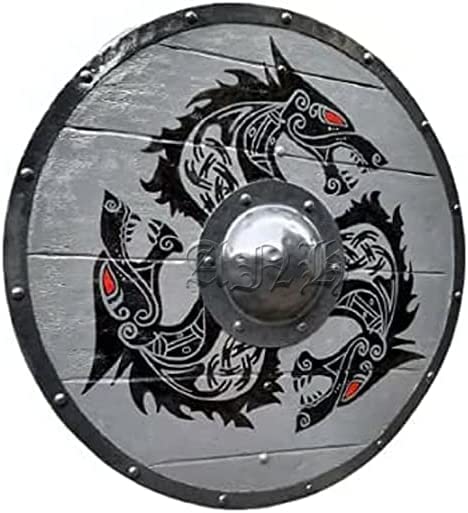 Średniowieczny wojownik drewniana tarcza wikingów okrągła tarcza smoka twarz wikingów tarcza na Halloween, cosplay, odgrywanie ról i do teatru (61 cm)
