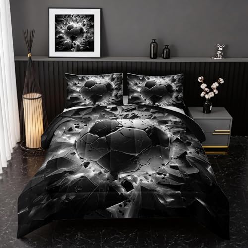 Image of Nttopship Soccer Bedding Comforter Set King Size for Kids Teens and Adults, Black and White Football Printed Bedding Sets 3 PCS,Ball Sports Themed Bedroom Decor with 1 Comforter and 2 Pillowcases