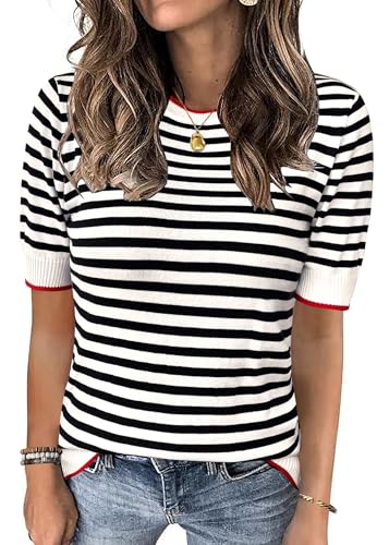 Womens Tops Summer Short Sleeve Shirts Striped Sweater Cute Casual Top Trendy Women Clothing Crewneck Knit Blouses