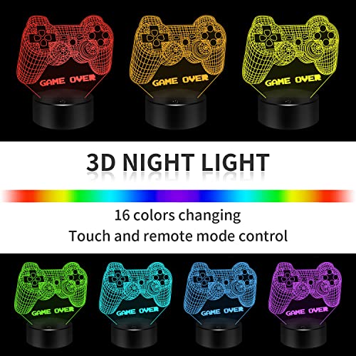 Image of BASSI 3D Gamepad Night Light Game Over Light Game Controller Console Illusion Lamp for Kids Gamer Room Decor, 16 Color Changing with Remote Timer, Christmas Birthday Gifts for Boys Girls