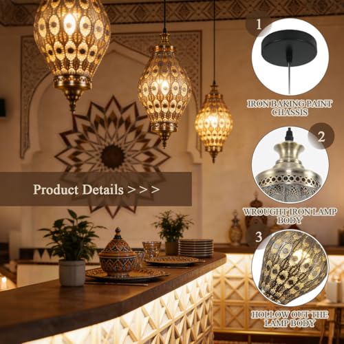 Image of Moroccan Pendant Light, 19.7 inch Retro Metal Turkish Ceiling Pendant Lamp Brown Iron Hollow Shade Adjustable Gold Hanging Lighting for Restaurant Cafe Kitchen Island, Arabic Hanging Fixtures