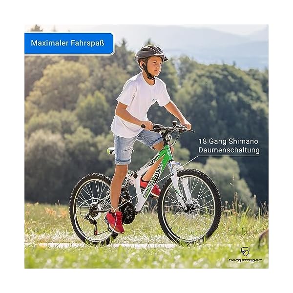 Bergsteiger Montreal 20, 24 Zoll Kinderfahrrad, geeignet für 6,7, 8, 9, 10, 11, 12, 13 Jahre, Shimano 18 Gang-Schaltung, Mountainbike mit Vollfederung, Jungen-Fahrrad, Mädchen-Fahrrad – Bild 3