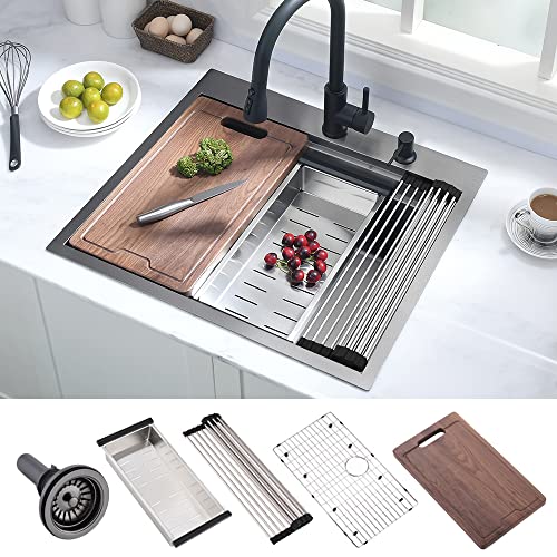 63 cm schwarze Küchenspüle in HOSINO 16 Gauge Edelstahl-Spüle Doppeldecken-Arbeitsplatz Einzelbecken Spüle Cover