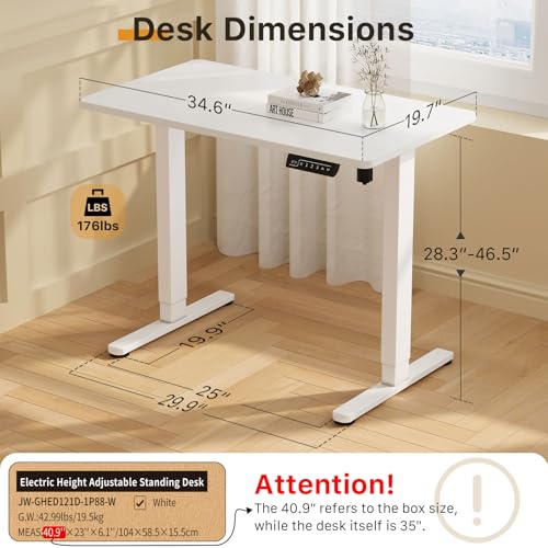 Image of JOY worker Small Electric Standing Desk, 35 inch x 20 inch Whole Piece Height Adjustable Desk with Memory Controller, White Sit to Stand Desk Workstation for Home Office