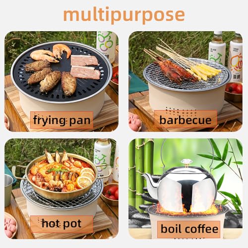 SANQIAHOME Tragbarer Edelstahl-Holzkohlegrill, 26,7cm, rund, mit Antihaft-Bratplatte, BBQ Grills Holzkohlekocher für Zuhause, Party, Outdoor, Camping