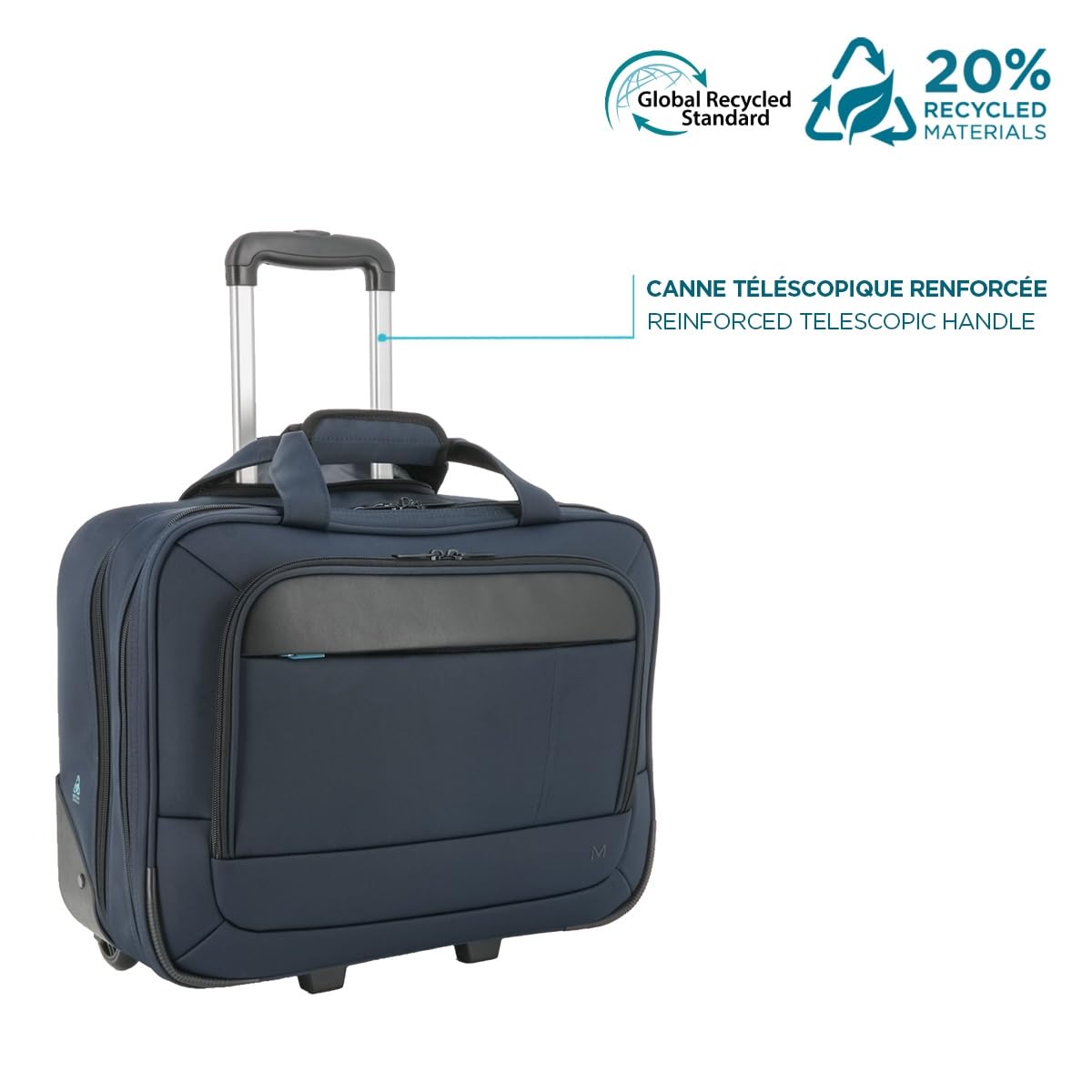 MOBILIS Sacoche à roulettes PC 14-17", Mallette à roulettes, Sac Affaires/Voyage Court Séjour, Matière Déperlante 20% Recyclé, Bleu Marine