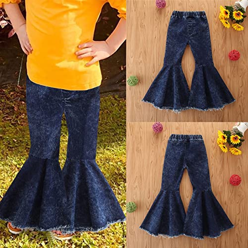 Baby Girls 𝐑uffle Denim Bell Bottom Baggy Wide Leg Jeans Toddler Elastic High Waisted Flare Pants with Pokets4