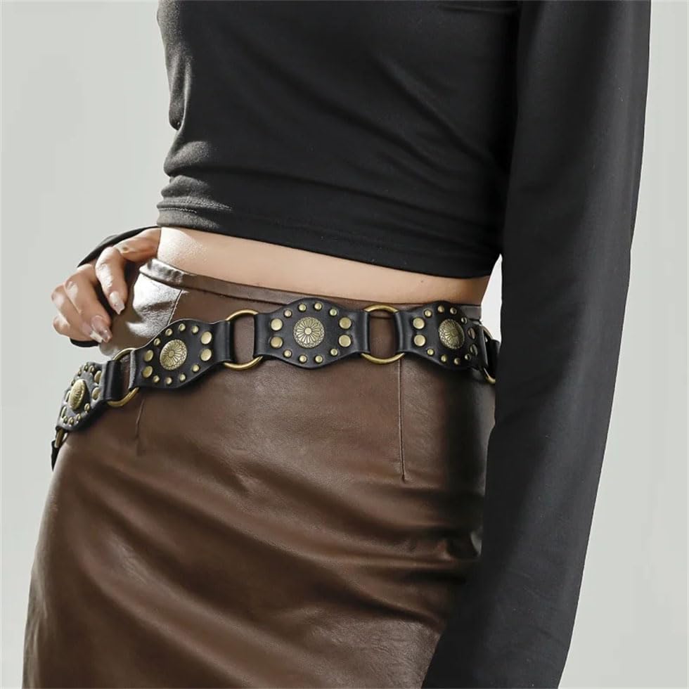 Pohullan Women Vintage High Street Faux Leather Patchwrok Design Belts Harajuku Metal Decoration Waistband4
