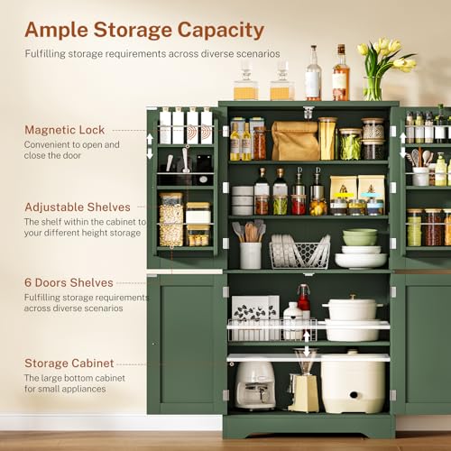 Image of TEENFON 51 inch H Pantry Cabinet with 4 Doors, Kitchen Cabinet with 6 Door Shelves, Kitchen Pantry for Living Room, Dining Room, Bathroom, Green