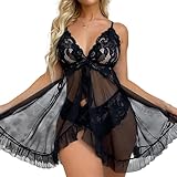 QeeFop Dessous Damen Sexy Unterwäsche Nachthemd Spitze Strapsen Babydoll Kleider V-Ausschnitt Nachtwäsche Sexiuntewäsche für Damen