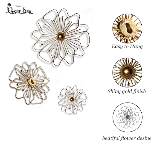 Image of DECOR SEA Gold Metal Wall Decor Three Piece Wall Art Metal Flower Wall Decor Sculpture For Living Room Bedroom Elegant Floral Hanging Home Decore Set Of 3