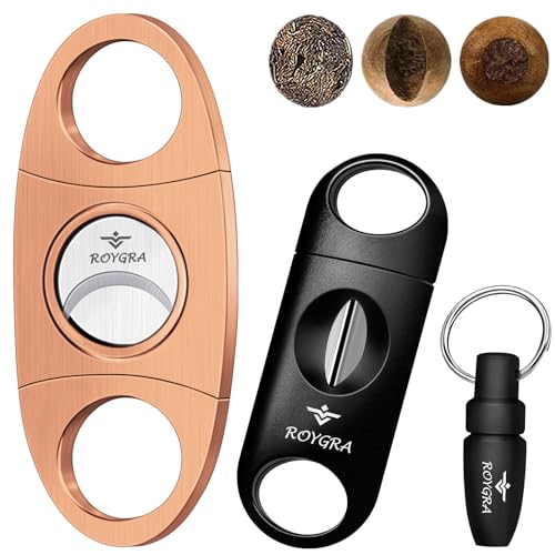 roygra Cigar Cutter Set (3 Pack), Cigar Accessories for Men - Stainless Steel Guillotine, Enlarged V-Cut Fit All Cigars, Punch Tool - Smoking Accessories, Portable Sharp Clean Cut - Bronze