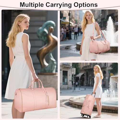 Image of Carry on Garment Bag, Large PU Leather Garment Bags for Travel with Shoe Pouch, Pink, Roller