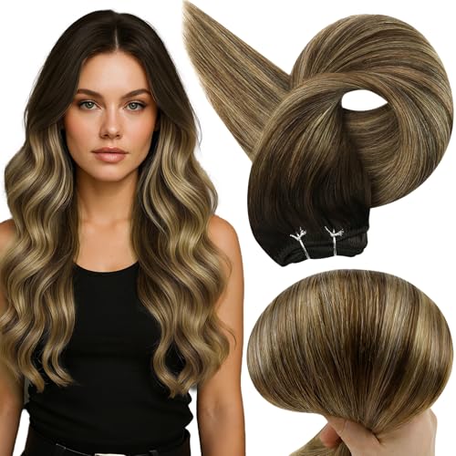 Image of Full Shine Weft Hair Extensions 16 Inch 105G Ombre Brown Mix Honey Blonde | Sew In Hair Extensions, Balayage Weft, Dark Brown To Brown Mix Honey Blonde, Remy Human Hair, Daily Wear For Women