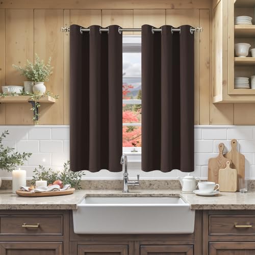 Image of YoungsTex Short Blackout Kitchen Curtains 40 Inch Length - Small Thermal Insulated with Grommet Room Darkening Drapes Privacy for Bathroom Cafe Window, Brown, 2 Panels, 34 x 40 Inch