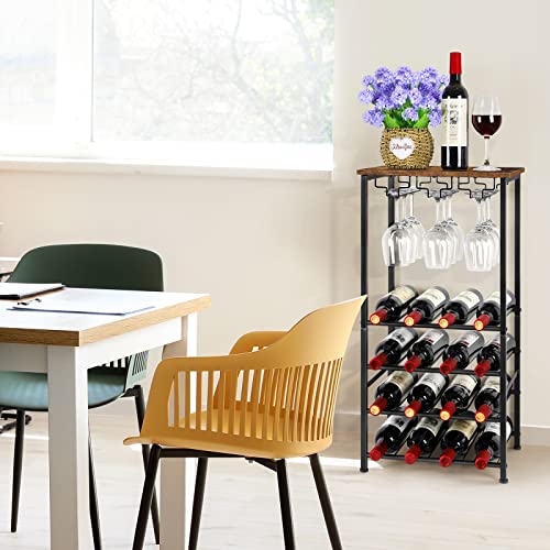 Wine Rack Freestanding Floor, Rustic Wine Holder Stand With Wine Storage And Bottle Shelf, 16 Bottles Floor Wine Rack Shelf For Kitchen Dining Room, Office, Bar, Rustic Brown #TOP6