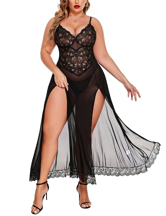 flynery Honeymoon Night Dresses for Women - Sexy Baby Doll Dress, Sheer Lace Lingerie Gown with Slit, Hot Nighty for Sexy Night, Babydoll Lingerie for Women Plus Sizes S to XL-picture-46