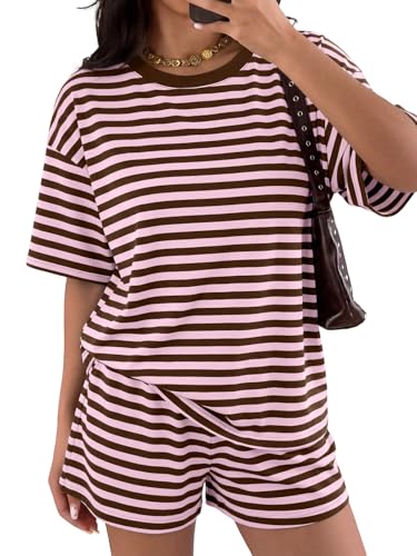 LILLUSORY 2 Piece Striped Set for Women Two Piece Lounge Sets Summer Outfits 2026 Oversized tshirts and Shorts Pink Combo M