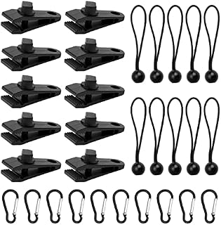 30 Pieces Tarp Clips Set, 10 Heavy Duty Tarp Clips with 10 Tent Bungees Cords and 10 Carabiner Clips for Camping Tents Cover, Black