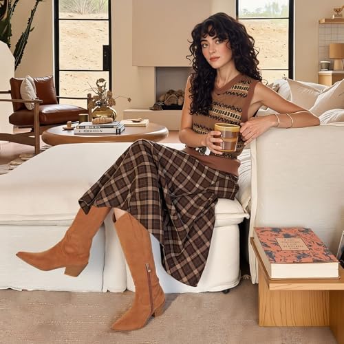 Mattiventon Cowgirl Boots for Women Knee High Cowboy Western Boots Pointed Toe and Block Heel Suede Long Boot with Embroidered Side Zipper 20254